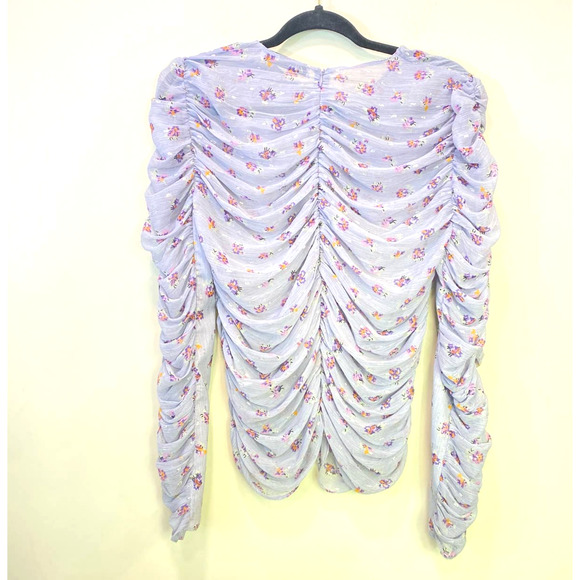 ZARA Purple Floral Ruched Long Sleeve Sheer Round Neck Invisible Back Zip XL - Picture 7 of 7
